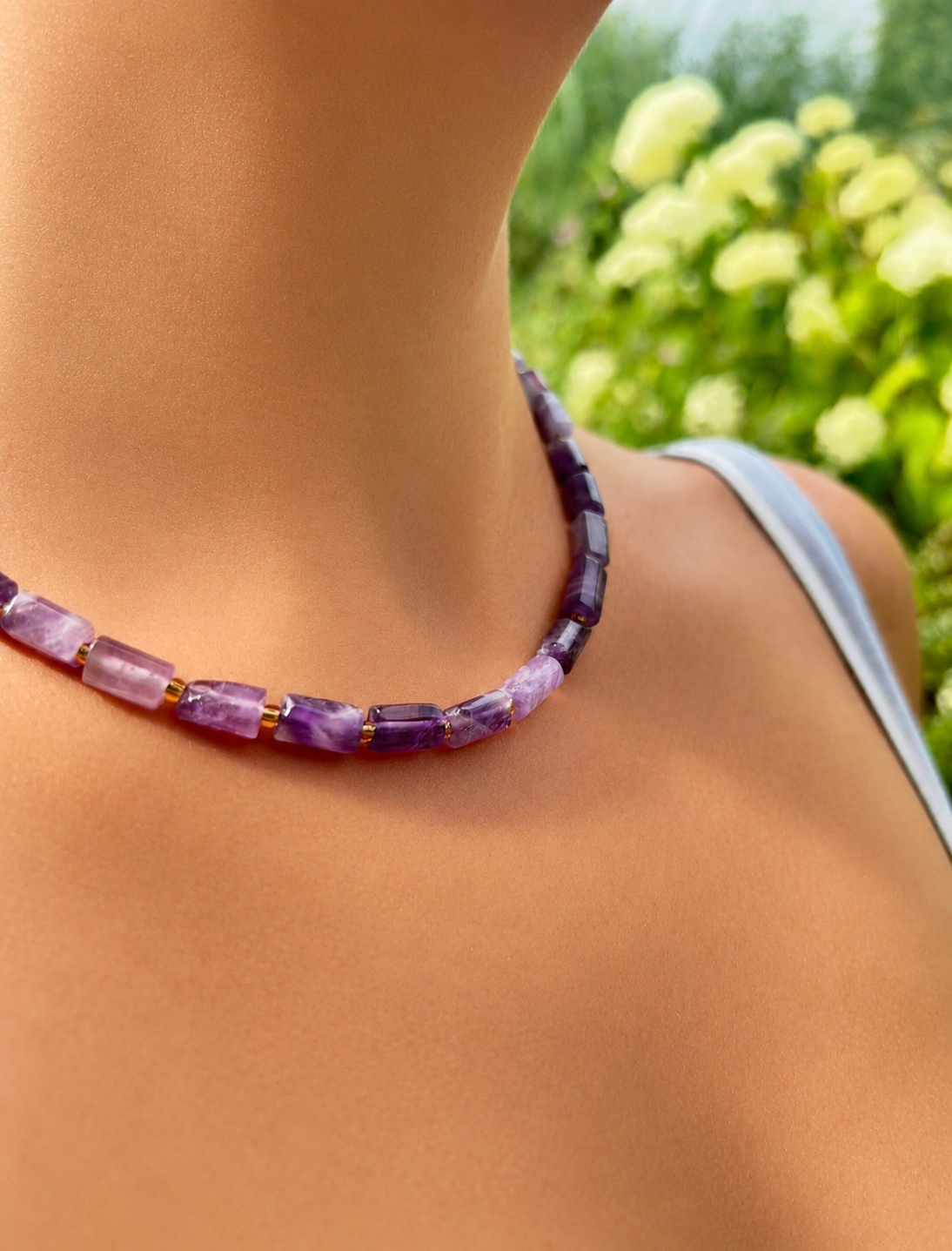 Collier Améthyste Naturelle perles tubes