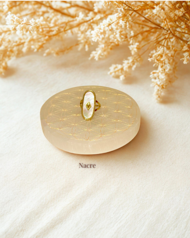 Bague Nacre – Acier inoxydable doré boutique de Mamie Lucie, bagues en pierre naturelle, collection de bagues, bagues lithothérapie, lithothérapie, pierres naturelles, bien-être, apaisement, sérénité, harmonie, énergie positive, protection énergétique, équilibre émotionnel, développement personnel, méditation, spiritualité, ancrage, clarté mentale, cadeau bien-être, Saint-Louis, Bâle, Strasbourg, Colmar, Mulhouse, Dietwiller, Obersaasheim