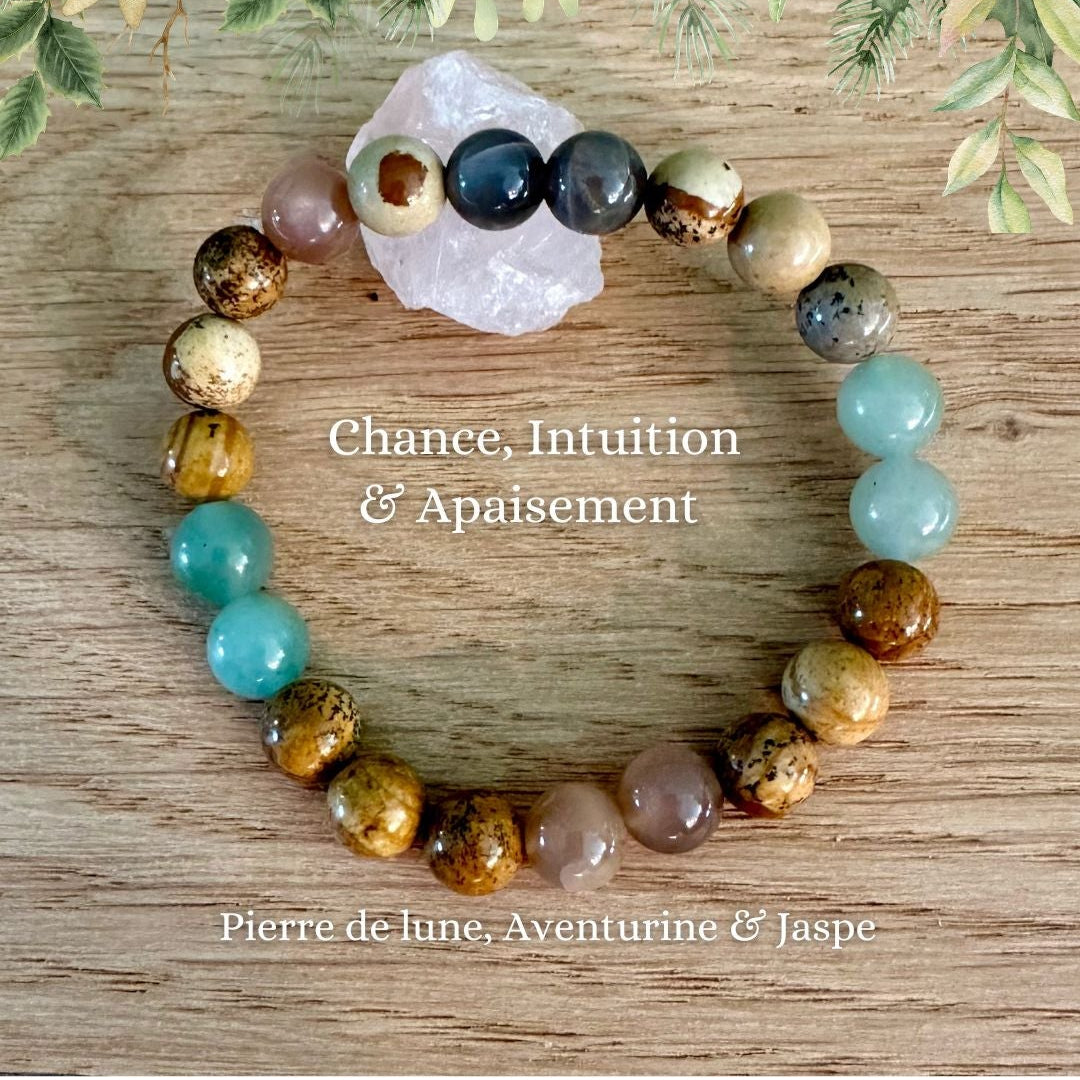 Bracelet Chance, Intuition & Apaisement - Pierre de lune, Aventurine & Jaspe boutique de Mamie Lucie, bracelets en pierre naturelle, collection de bracelets, bracelet 7 chakras, bracelet protection, bracelet bien-être, bracelet lithothérapie, lithothérapie, pierres naturelles, énergie positive, harmonie, apaisement, sérénité, protection énergétique, équilibre émotionnel, ancrage, confiance en soi, méditation, spiritualité, développement personnel, cadeau bien-être, Saint-Louis, Bâle, Strasbourg