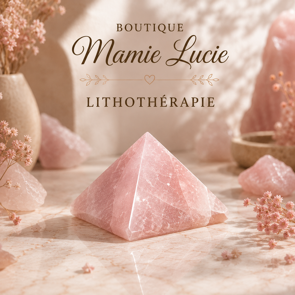 Quartz rose pyramide - La boutique de mamie Lucie boutique de Mamie Lucie, quartz rose, quartz rose naturel, lithothérapie, pierre naturelle, bien-être, amour, douceur, apaisement, sérénité, harmonie, équilibre émotionnel, confiance en soi, méditation, énergie positive, Saint-Louis, Bâle, Strasbourg, Colmar, Mulhouse, Dietwiller, Obersaasheim