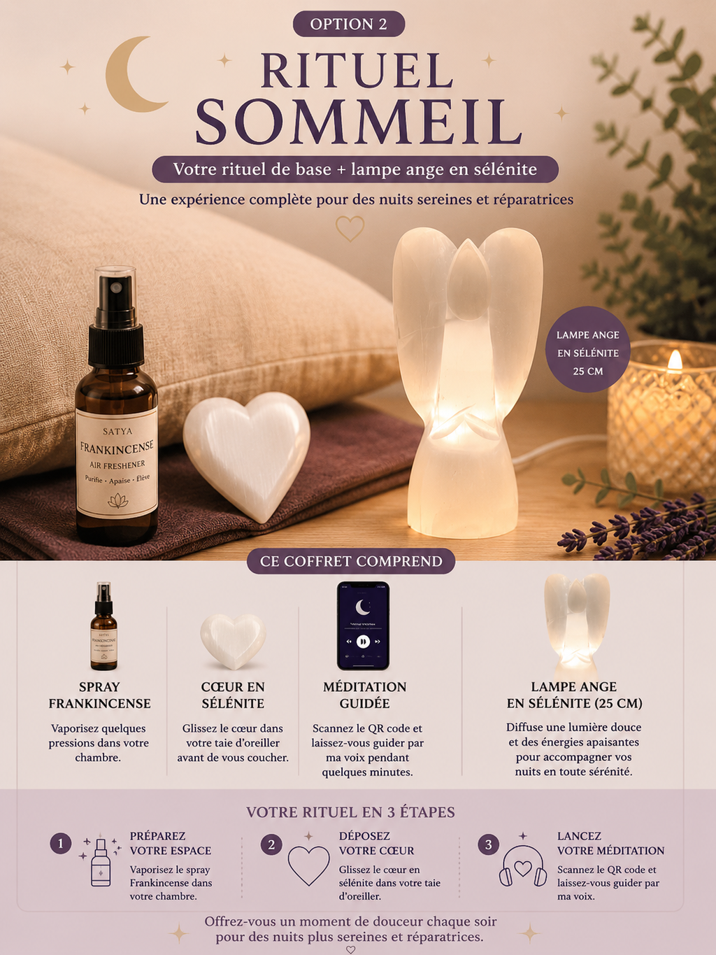 Rituel sommeil de base et lampe en sélénite ange 