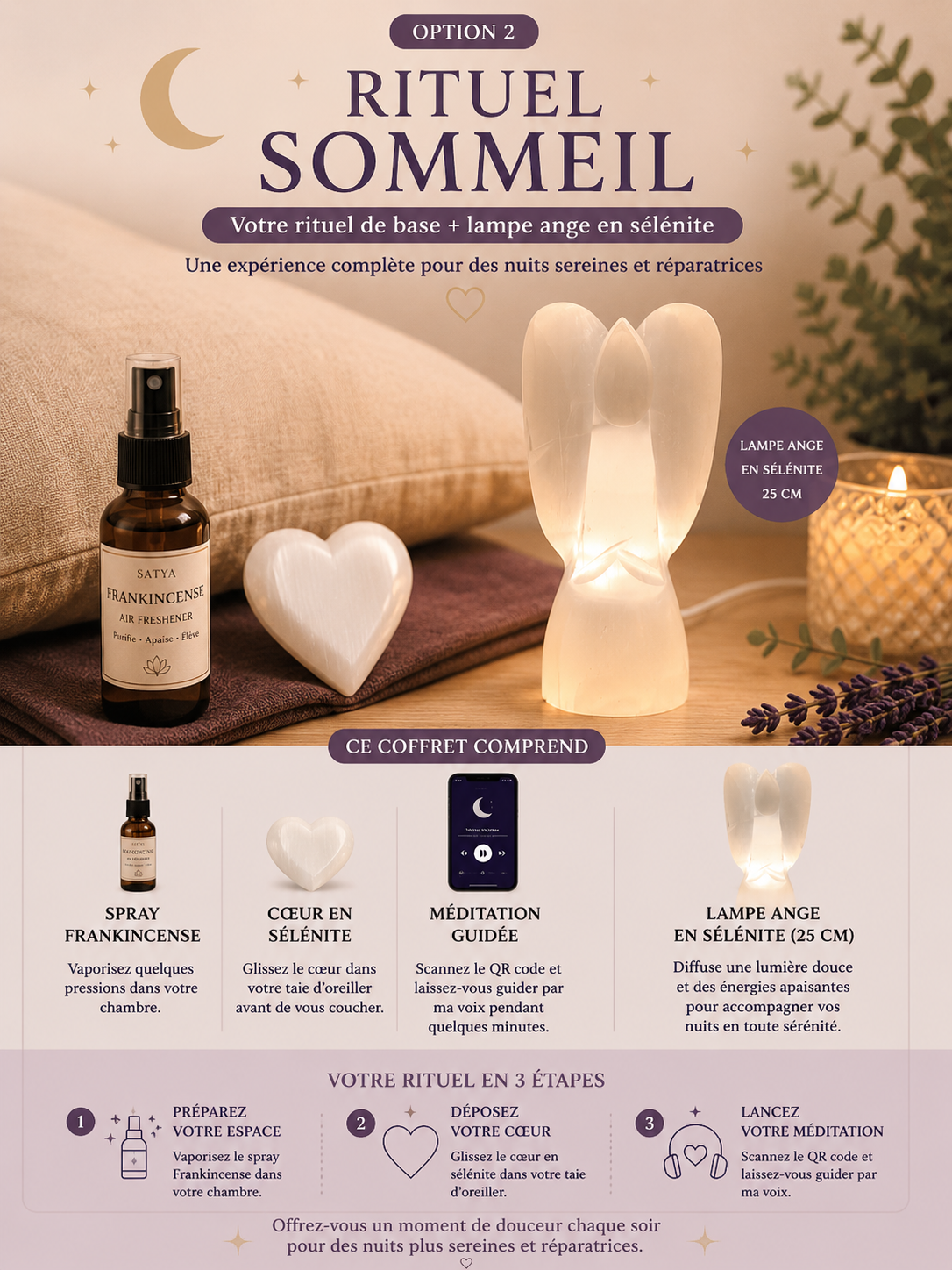 Rituel sommeil de base et lampe en sélénite ange 
