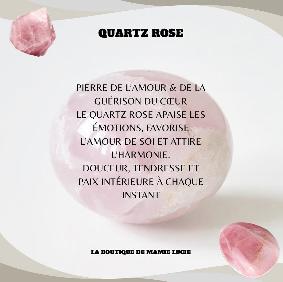 Vertus quartz rose boutique de Mamie Lucie, quartz rose, quartz rose naturel, lithothérapie, pierre naturelle, bien-être, amour, douceur, apaisement, sérénité, harmonie, équilibre émotionnel, confiance en soi, méditation, énergie positive, Saint-Louis, Bâle, Strasbourg, Colmar, Mulhouse, Dietwiller, Obersaasheim