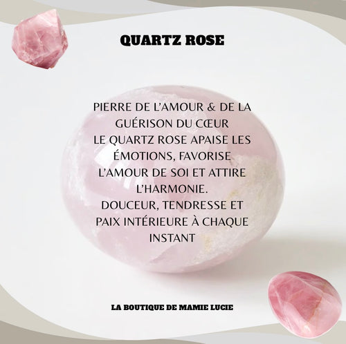 Vertus quartz rose boutique de Mamie Lucie, quartz rose, quartz rose naturel, lithothérapie, pierre naturelle, bien-être, amour, douceur, apaisement, sérénité, harmonie, équilibre émotionnel, confiance en soi, méditation, énergie positive, Saint-Louis, Bâle, Strasbourg, Colmar, Mulhouse, Dietwiller, Obersaasheim